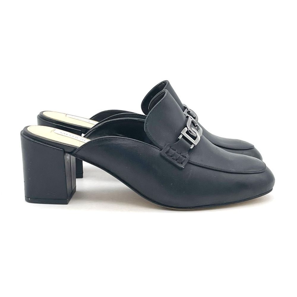 Saks Fifth Avenue Black Leather Block Heel Mules Size 7.5 Horsebit Loafers Y2K